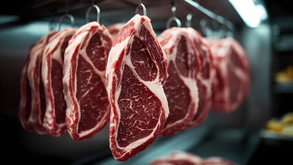Fresh cuts of ribeye steak butcher shop food photography industrial setting close-up view culinary art