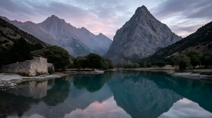 sky and trees in a still mountain lake at sunset