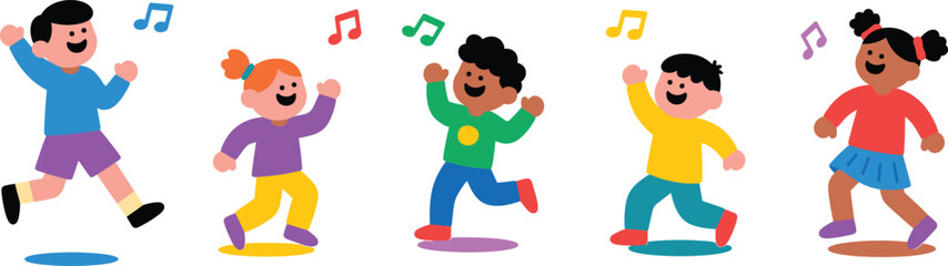 Happy diverse children dancing joyfully with colorful clothes and musical notes, flat vector illustration, fun, kids, celebration, music, diversity