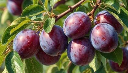 Ripe plums on a tree branch with droplets of water in a sunny garden