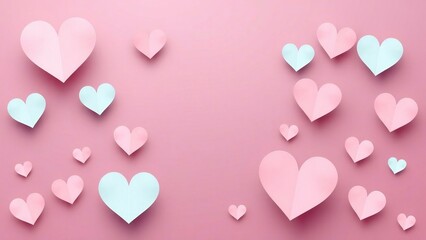 Pink and light blue paper hearts on pink background