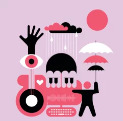 Flat style colorful vector illustration with musical and weather elements. Includes stylized guitar, piano keys, raindrops, clouds, eye shape and person holding umbrella. 