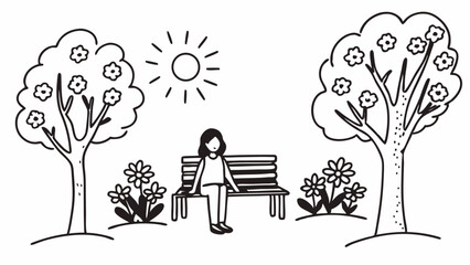 A woman sitting on a bench in a park with trees flowers and the sun shining in a black and white drawing created with generated ai