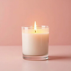 Burning White Scented Candle in Clear Glass Jar on Soft Pink Background, Cozy Atmosphere