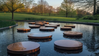Obraz premium Wooden Stepping Stones Across a Tranquil Stream