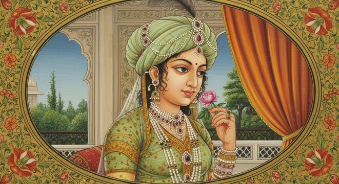  Nur  Jahan Mughal Miniature Painting of a Woman with a Rose, Indian art, miniature painting, portrait, historical art, woman, rose