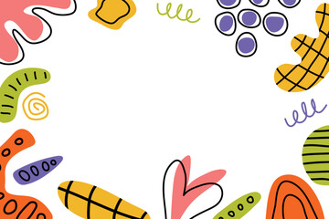 Children's background with playful abstract hand-drawn figures. Funny figures, primitive colorful shapes on white background. Vector illustration.
