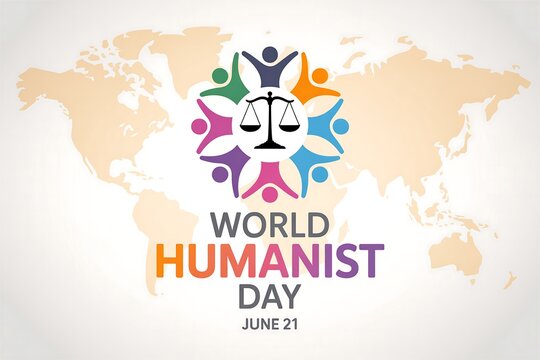World humanist day graphic with map background and colorful people silhouettes circle - Powered by Adobe