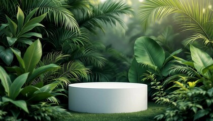 A modern podium for product design against the backdrop of a tropical forest