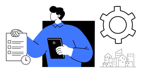 Person holding tablet and checklist with timer, gear icon, and cityscape highlights organization, planning, efficiency, innovation. Ideal for productivity, workflow, teamwork management urban