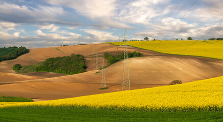 Obraz premium High voltage line poles running through Moravian fields