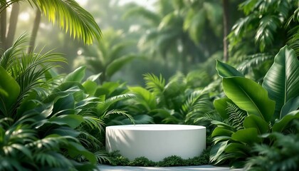 A modern podium for product design against the backdrop of a tropical forest