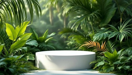 A modern podium for product design against the backdrop of a tropical forest