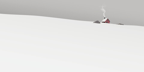 Minimalist snowscape with lonely country house on the hill covered by white snow have dusk sky background graphic illustration.