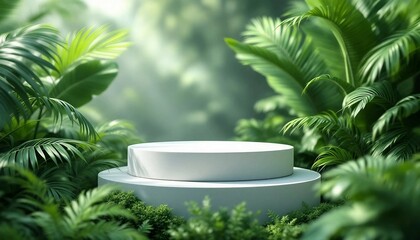 A modern podium for product design against the backdrop of a tropical forest