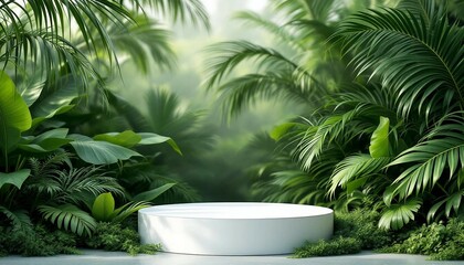 A modern podium for product design against the backdrop of a tropical forest