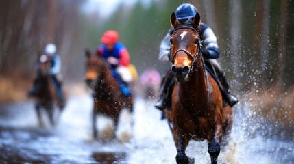 Horses racing through a waterlogged track in a forested area during a competitive event