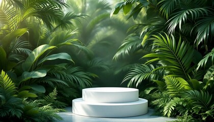 A modern podium for product design against the backdrop of a tropical forest