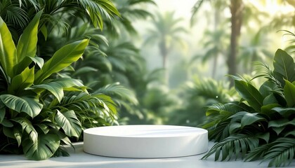A modern podium for product design against the backdrop of a tropical forest