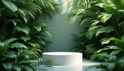 A modern podium for product design against the backdrop of a tropical forest
