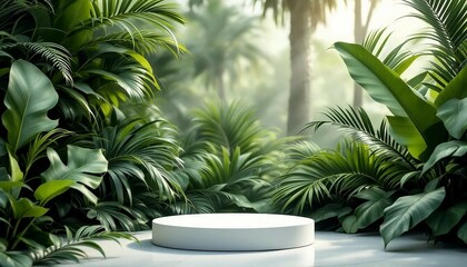 A modern podium for product design against the backdrop of a tropical forest