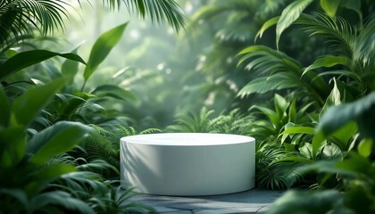 A modern podium for product design against the backdrop of a tropical forest