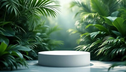 A modern podium for product design against the backdrop of a tropical forest