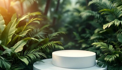 A modern podium for product design against the backdrop of a tropical forest