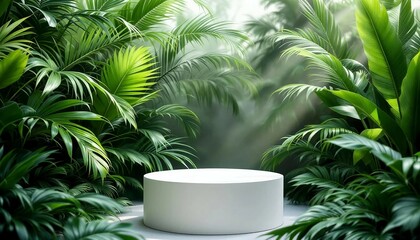 A modern podium for product design against the backdrop of a tropical forest