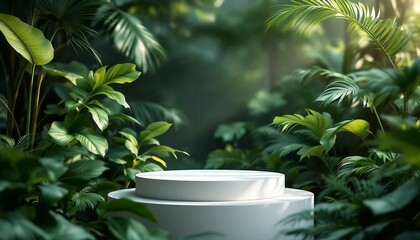 A modern podium for product design against the backdrop of a tropical forest
