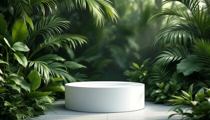 A modern podium for product design against the backdrop of a tropical forest