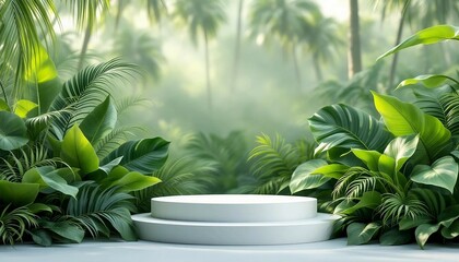 A modern podium for product design against the backdrop of a tropical forest