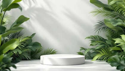 A modern podium for product design against the backdrop of a tropical forest