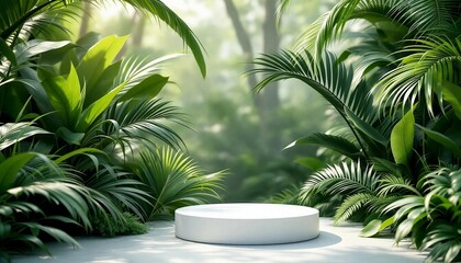 A modern podium for product design against the backdrop of a tropical forest