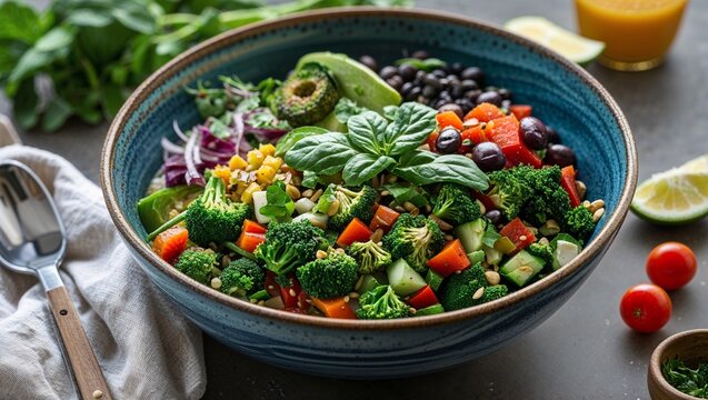 A vibrant bowl filled with fresh vegetables and beans on a table next to juice and lime slices - Powered by Adobe