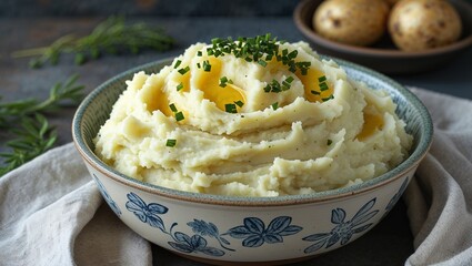 A bowl of mashed potatoes with chives and butter on top sitting on a white cloth with potatoes behind