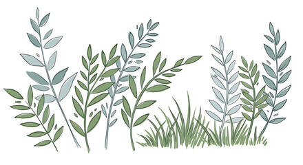 Obraz premium Elegant Green and Blue Watercolor Botanical Illustration of Leaves and Grass