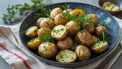 A bowl of roasted potatoes with herbs on a table with a linen cloth and a bowl of butter cubes