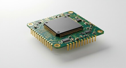 Close-up of a square circuit board with a black processor