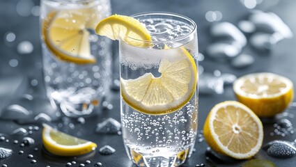 Two glasses of sparkling water with lemon slices and water droplets on a dark surface close up view
