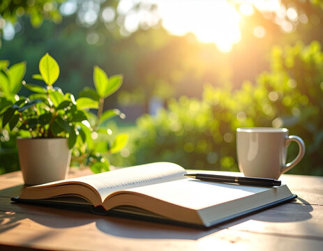 Open book with pen, plant, and cup on wooden table in morning sunlight