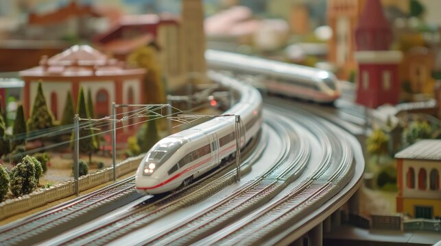 Miniature train set with high-speed trains on a city track layout.