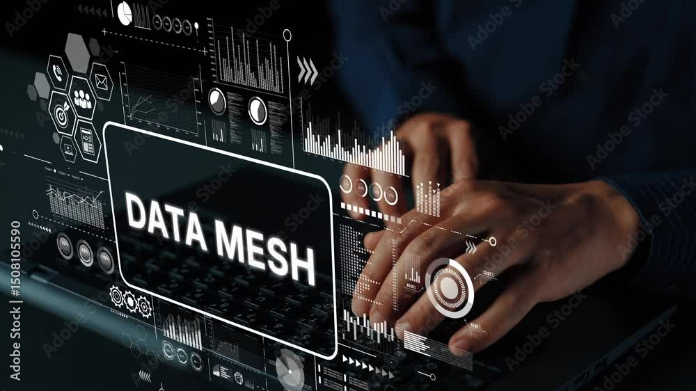 Poster hands typing on laptop with digital interface and data mesh concept visuals in a modern workspace. a