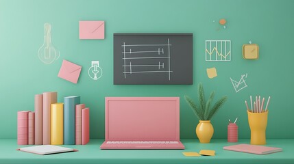 Colorful workspace with laptop, books, and decorative elements.