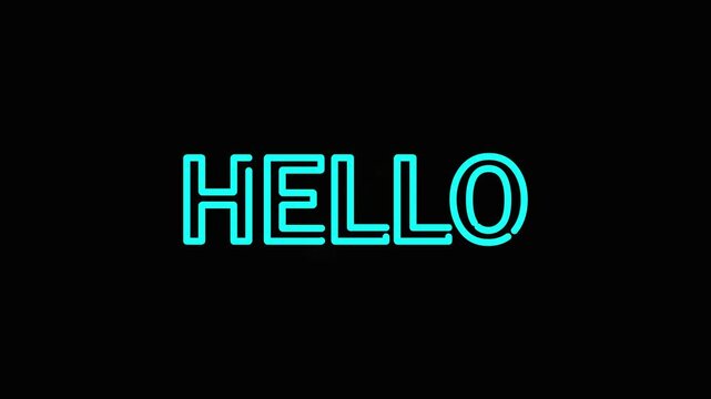 Neon hello animation with glowing turquoise letters on a dark background