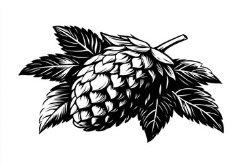 Detailed illustration of a hop cone with leaves.