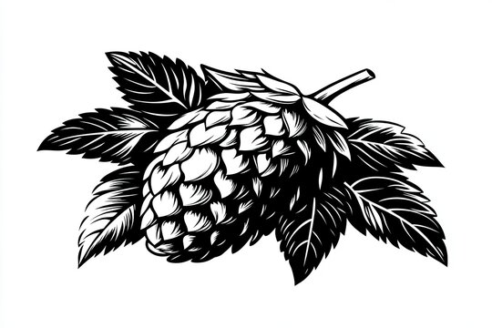 Detailed illustration of a hop cone with leaves.