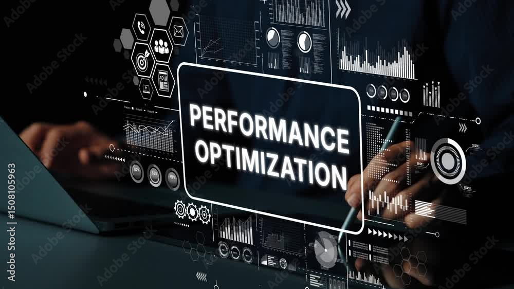 Poster digital performance optimization analysis with graphs and data visualizations on laptop screen in mo
