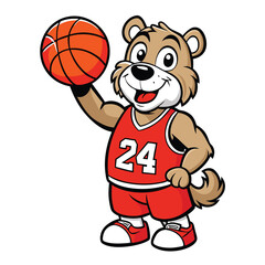 Playful bear mascot wearing red basketball uniform number twentyfour holds an orange basketball