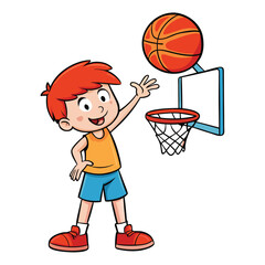 Playful cartoon boy happily prepares to shoot an orange basketball into the hoop